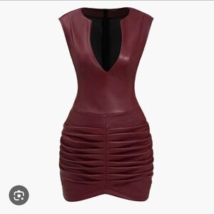 V-Neck Burgundy Faux Leather Ruched Mini Dress